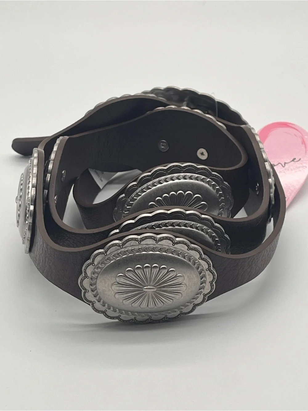 New Western Concho Belt Brown Faux Leather Silver Tone Stamped Concho XL